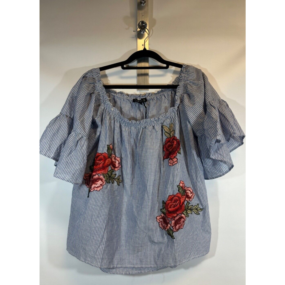 NEW Timing Pinstripe Off Shoulder Eyelet Blouse Embroidered Roses Boho size L D4